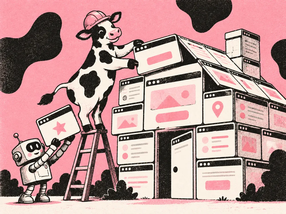 The cow in a hard hat building a house out of browser windows.