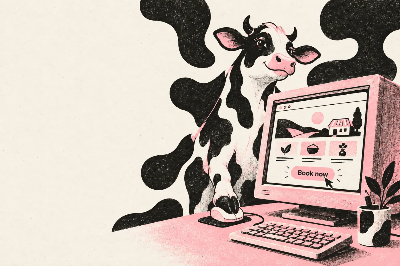 A Holstein cow at an old computer, fixing a small business website with a pink “Book now” button.