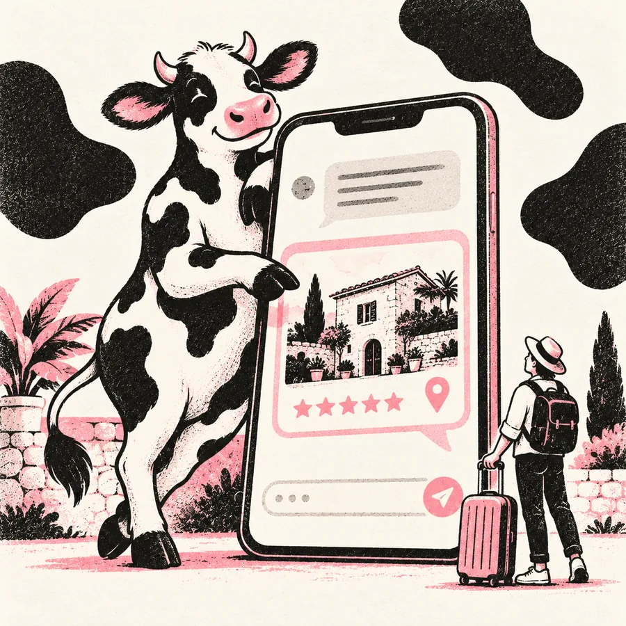 A giant phone shows an AI chat recommending a stone guesthouse; the cow points at it proudly.