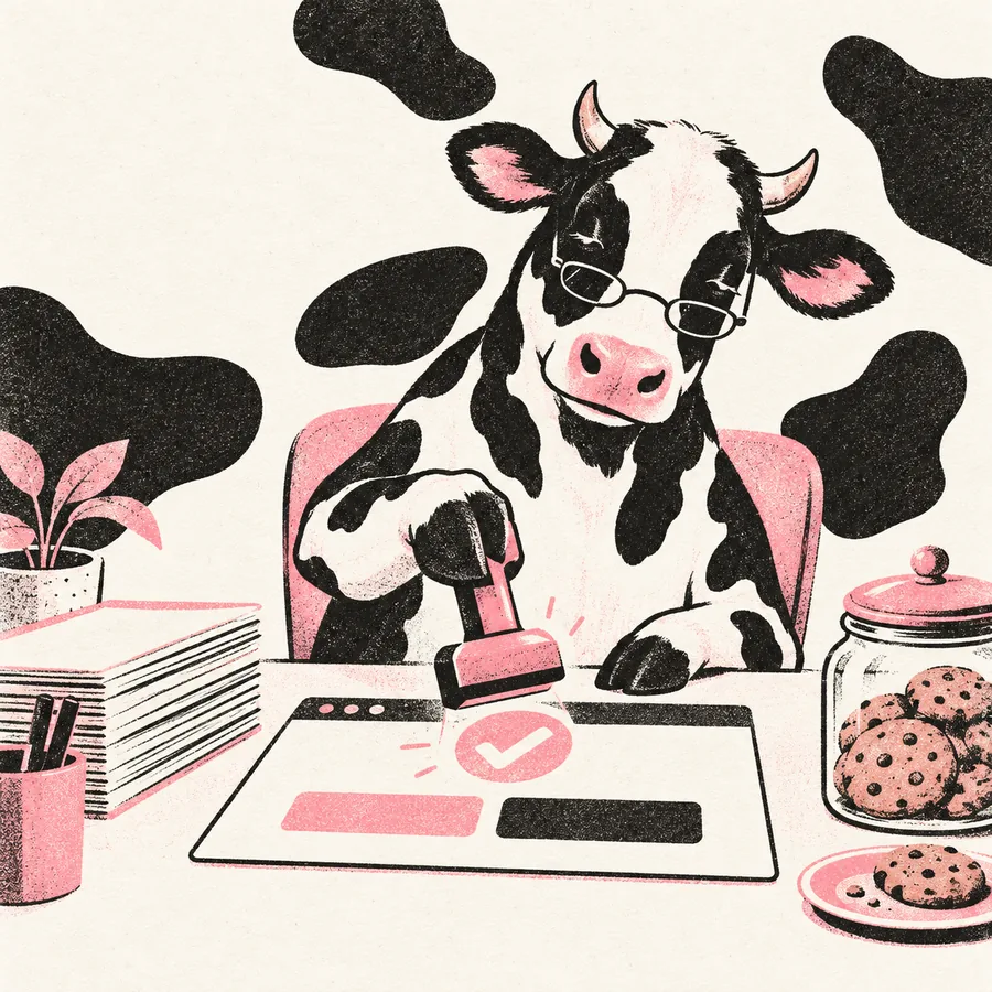 The cow calmly stamping a cookie consent banner with an approval stamp.